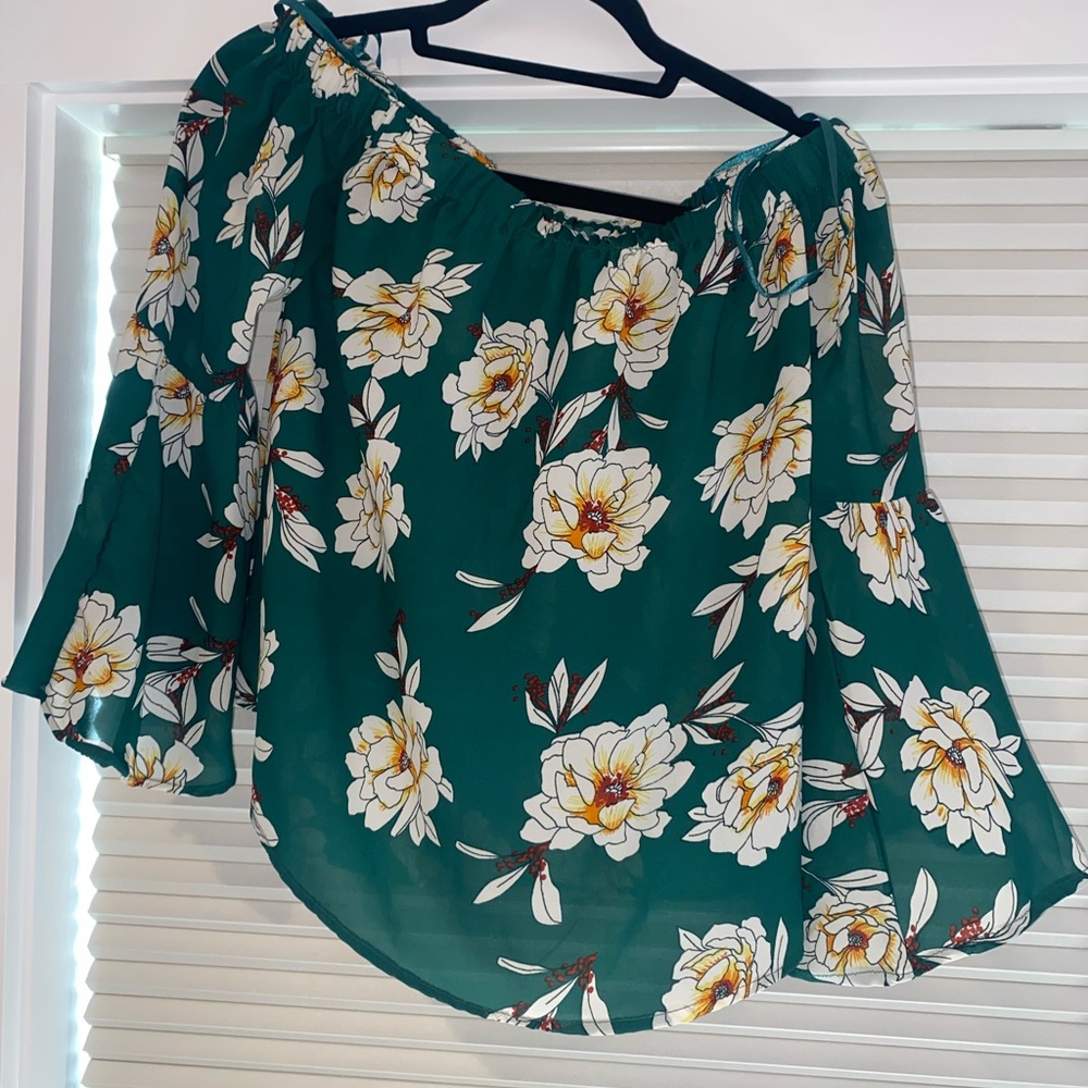 Japan green floral off the shoulder blouse